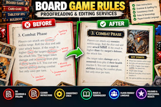 proofread, edit board game rules, rulebook, card game, tabletop rpg, game manual
