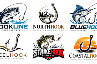 design a professional fishing, angling, tackle outdoor, marine fishing hook logo