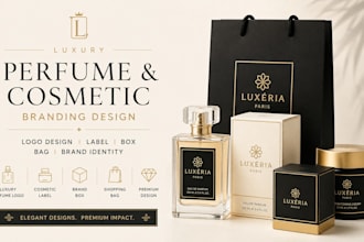 design luxury perfume logo, cosmetic, label, bag, brand box print ready files