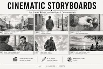 draw cinematic storyboard for shortfilms animation commercials in any art style