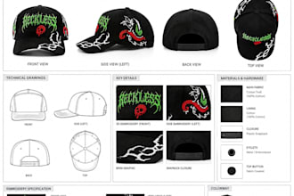 design streetwear cap and hat tech pack with embroidery and specifications
