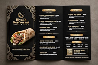 design luxury black and gold trifold restaurant menu, bilingual menu, and brochu