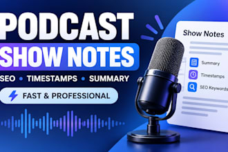 write SEO podcast show notes with timestamps and summaries