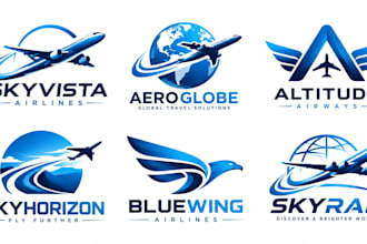 design a modern aviation, airline, flight, travel,  aerospace blue plane logo