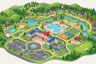 design custom illustrated hotel map, resort map, tourist map, visitor guide map