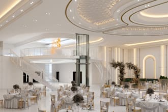 3d event hall, decoration showroom, stage concert venue, banquet decor, ballroom