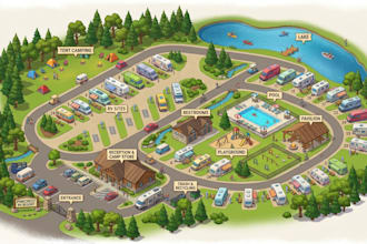 design tourism vector maps, rv park layout, national park guide and hiking map
