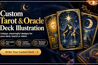 design custom tarot card deck, oracle cards, card back and tarot illustrations