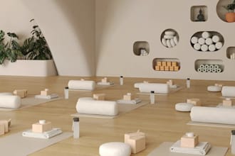 create 3d yoga studio interior design with realistic rendering