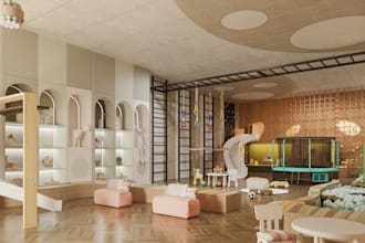 build indoor kids playroom, 3d rendering, and room interior design