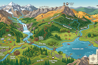 design illustrated hiking map, trail map, outdoor map, nature and recreation map