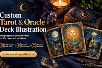illustrate tarot card design, custom tarot deck, oracle cards and card game art