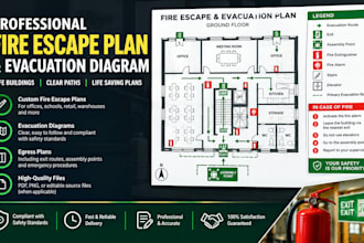 design fire escape plan, evacuation diagram, egress plan,evacuation and exit map