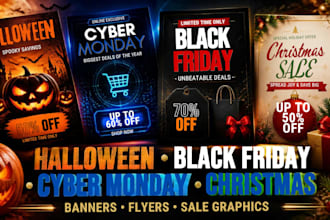 design halloween black friday cyber monday banners, flyers