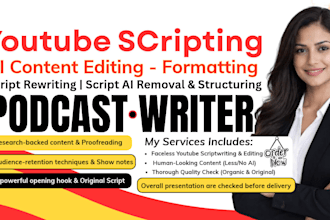 research, write youtube scripts, podcast scripts, ai script edit and show notes