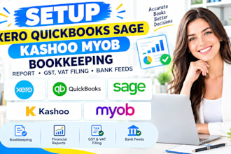 setup xero quickbooks sage kashoo myob bookkeeping  report gst,vat filing bank