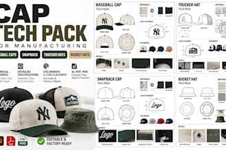 design cap hat tech pack with flat sketch 3d mockup for manufacturing realistic