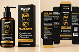 design beard oil label, dieline and box packaging for bottles and retail boxes