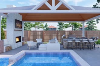 do 3d fire pit, 3d patio pool, pergola deck, pool, landscape, 3d backyard design