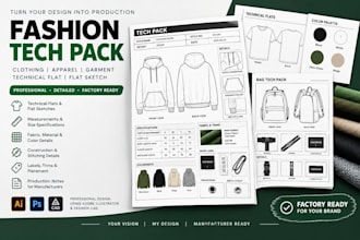 create streetwear clothing tech pack, hoodie and shirt tech pack