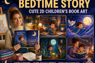 illustrate childrens bedtime stories with cute 2d characters