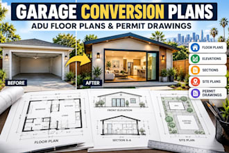 draw garage conversion plans, adu floor plans and permit drawings