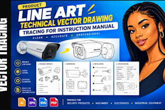 create product line art, technical vector drawing tracing for instruction manual