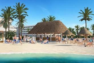 create a luxury 3d resort cafe, bar lounge camp ground layout, swimming pool,