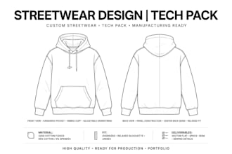 design street wear fashion sketches tech pack and clothing