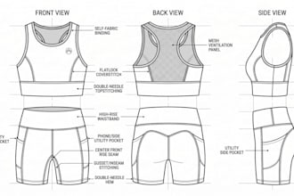 fashion design gymwear techpack technical drawing flat sketch fashion techpack