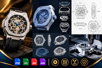 create watch case design, skeleton watch cad and cnc technical drawings