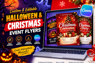 design editable canva, esty templates for christmas and halloween holiday flyers
