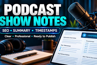 write SEO podcast show notes, summaries and timestamps