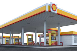 create 3d gas station fuel pump, convenience store, charging port with parking