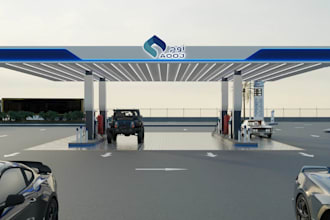 create 3d gas station fuel pump, convenience store, charging port with parking