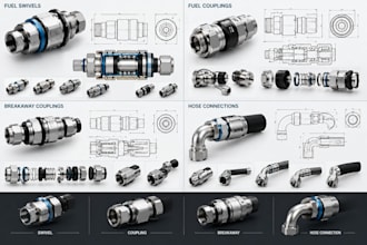 design fuel swivels, couplings, brackets, breakaways and hose connections in cad