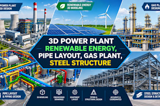 design 3d power plant renewable energy, pipe layout, gas plant, steel structure