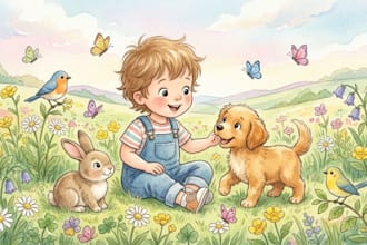 erstelle kinderbuch illustrationen im cartoon und aquarell stil