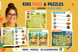 create kids maze and puzzle activity book illustrations