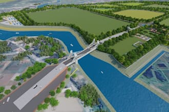 3d waterfront landscape,urban masterplan,city planning, riverfront bridge render