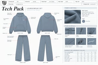 do tech pack for lounge wear, lounge sets, casual wear, home wear, manufacturing