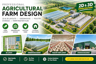 create 2d, 3d agricultural farm, greenhouse, poultry, and storage layout