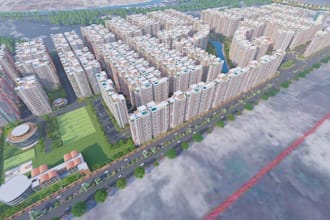 design 3d township masterplan, high rise, townhouse exterior, drone view renders