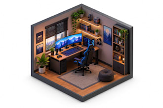 create an isometric 3d room, diorama model and stylized environment in blender