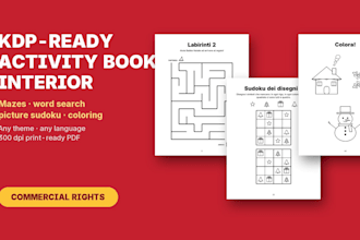 create a KDP activity book interior with mazes, word search and sudoku