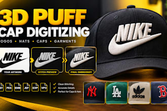 do 3d puff embroidery digitizing hat and cap logo digitizing dst pes