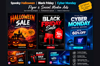design spooky halloween cyber monday black friday flyer and social media ads