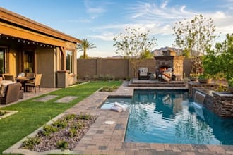 design backyard landscape, garden, patio, pool and 3d rendering