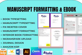 format resize fix rejected typeset manuscript, epub, book upload,covers, dp,lulu