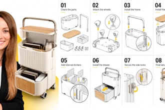 create product assembly instruction manual, step by step user guide and line art